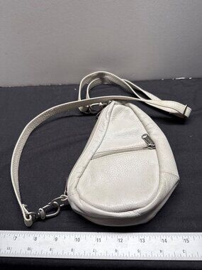 AmeriBag White Gray Leather Crossbody Purse With Adjustable Strap & Front Zipper